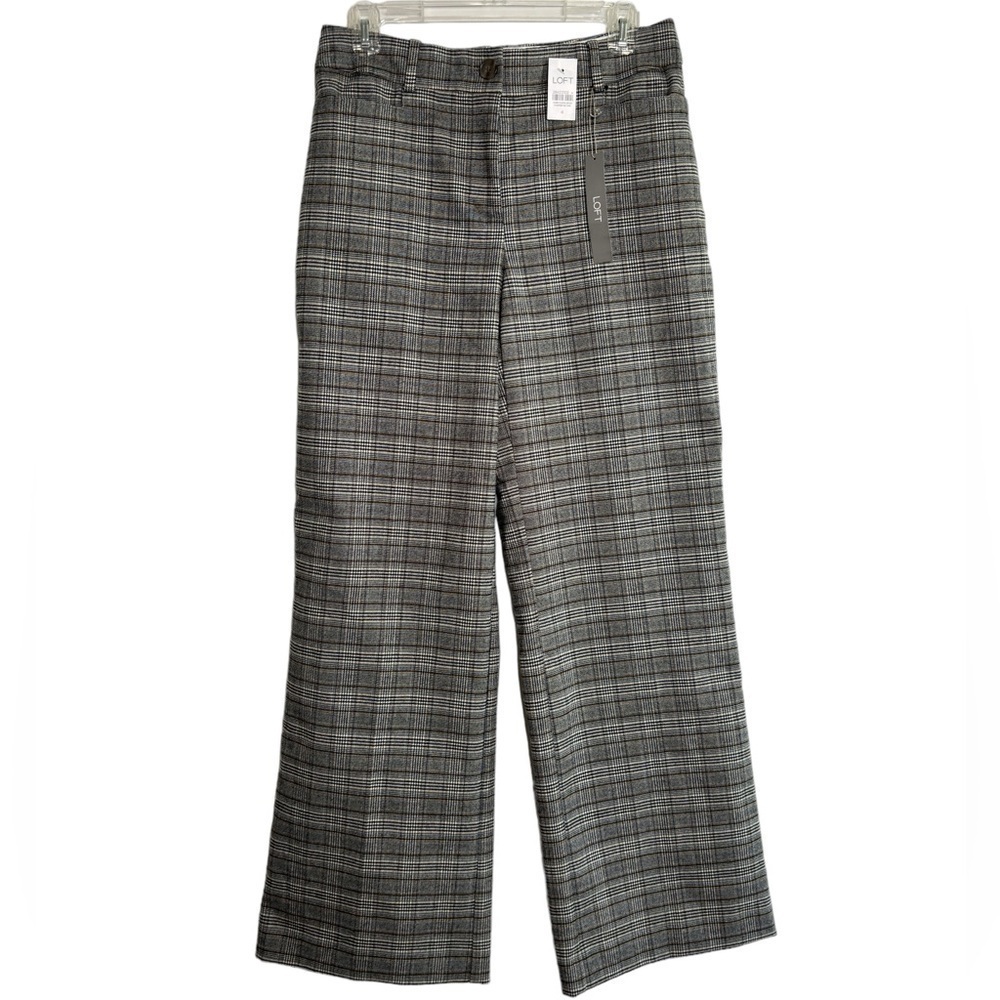 Loft Curvy Trouser High Waisted Glenn Plaid Pants Sz 4 Wide Leg Women's Gray NEW
